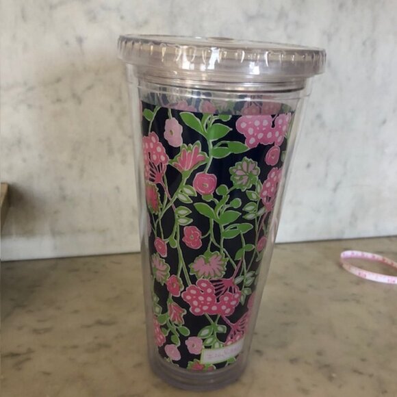 LILLY PULITZER Travel Tumbler with Twist On Lid Navy Pink Green Floral P… - Picture 3 of 12